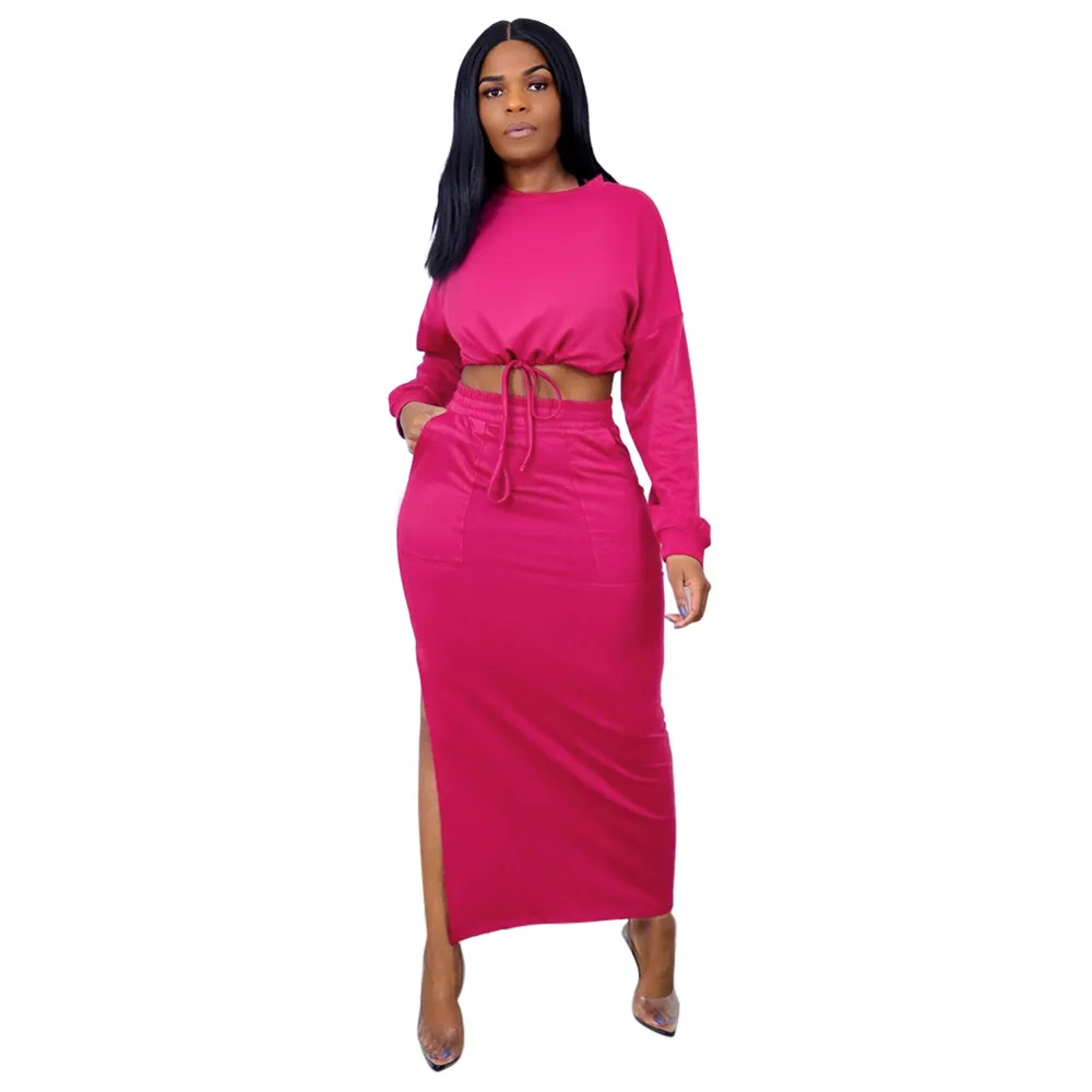 

All-Matching Solid Color Long Sleeves O-Neck Pullover Crop Tops & Slit Maxi Skirt New Autumn Women Suit Casual 2 Piece Set