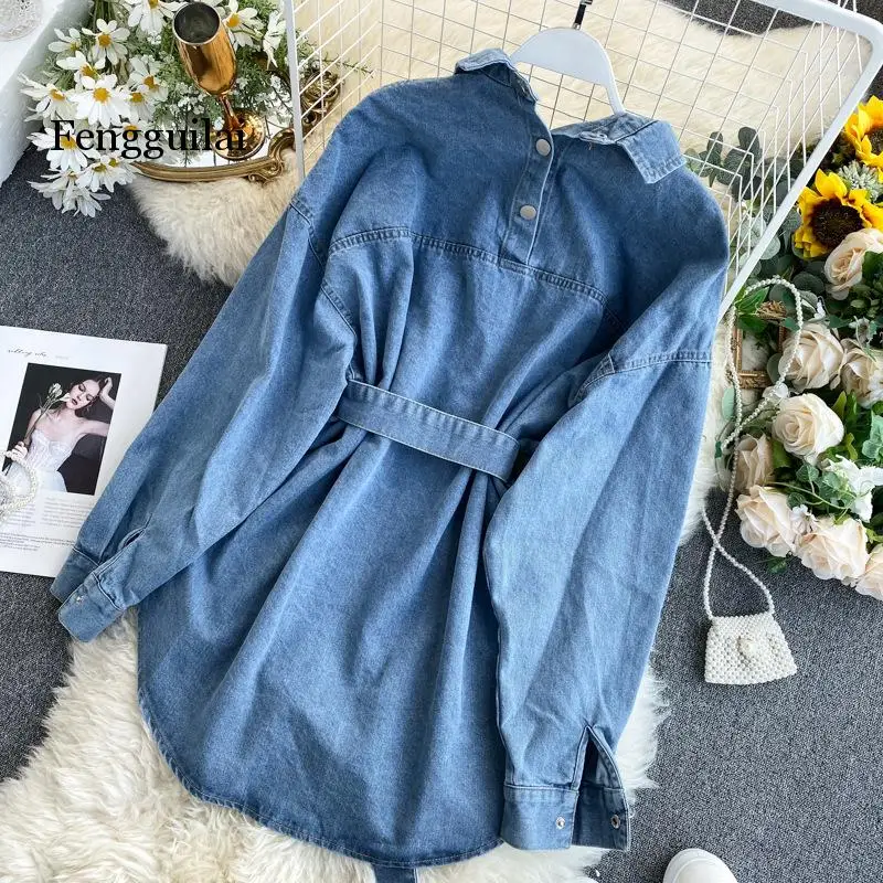 

New Turn Down Collar Long Sleeve Denim Blouse Solid Color Loose Shirts Vintage Fashion Streetwear Blusas
