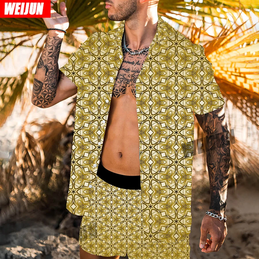 

New summer men's star print suit fashion trend Hawaiian casual men's lapel shirt and beach shorts two-piece suit