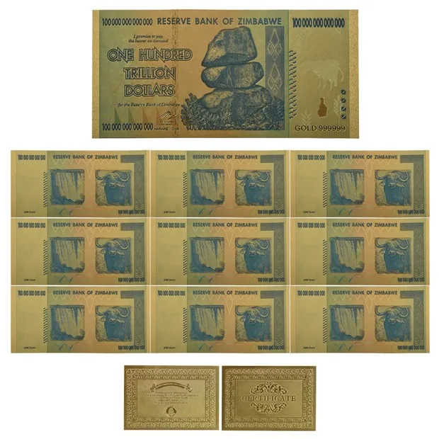 10pcs Color G Z100 Zimbabwe$ Z100 триллион/100 кинтриллион/5 октиллион/100 декальон долларовые банкноты из золотой фольги реплики банкнот Бумажные деньги бизнес подарок - Цвет: 10pcs Color G Z100