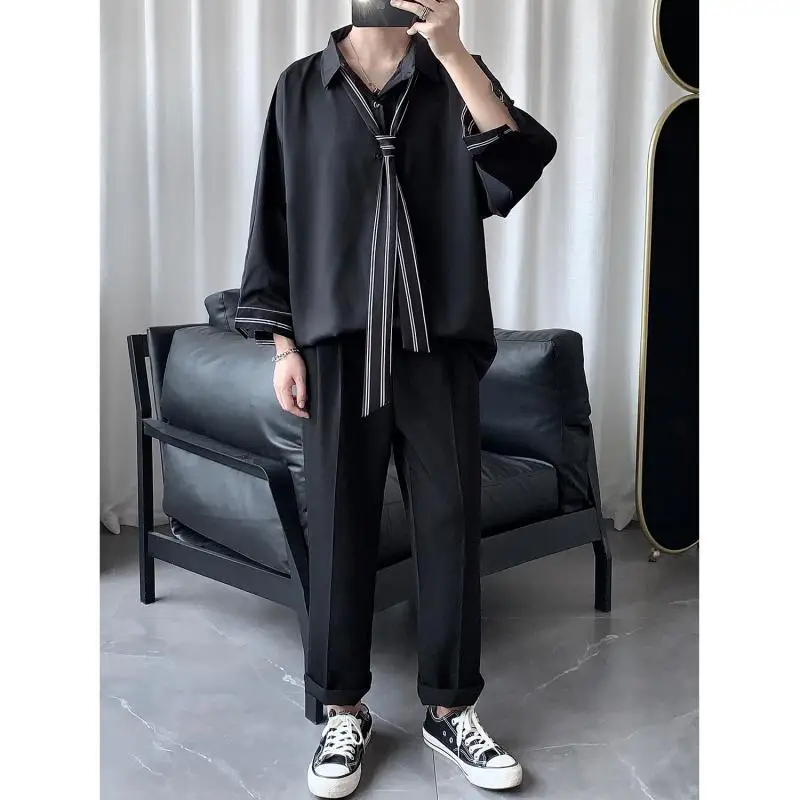 

Men's Spring Autumn White Shirts Male Handsome Loose Long Sleeved Shirts For Mens Korean Casual Black Solid Color Simple Shirts