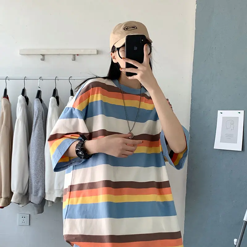 

Summer Cotton Color Striped T-shirt Men's Fashion Casual O-neck T-shirt Men Streetwear Korean Hip-hop Short-sleeved Tshirt Mens