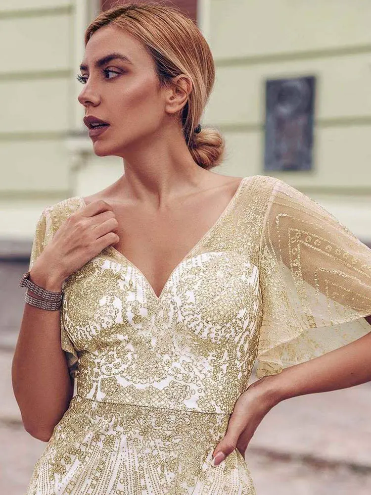 

Charming Sequins Lace Appliqued V-Neck Prom Party Gown A-Line Floor Length Backless Evening Formal Dress