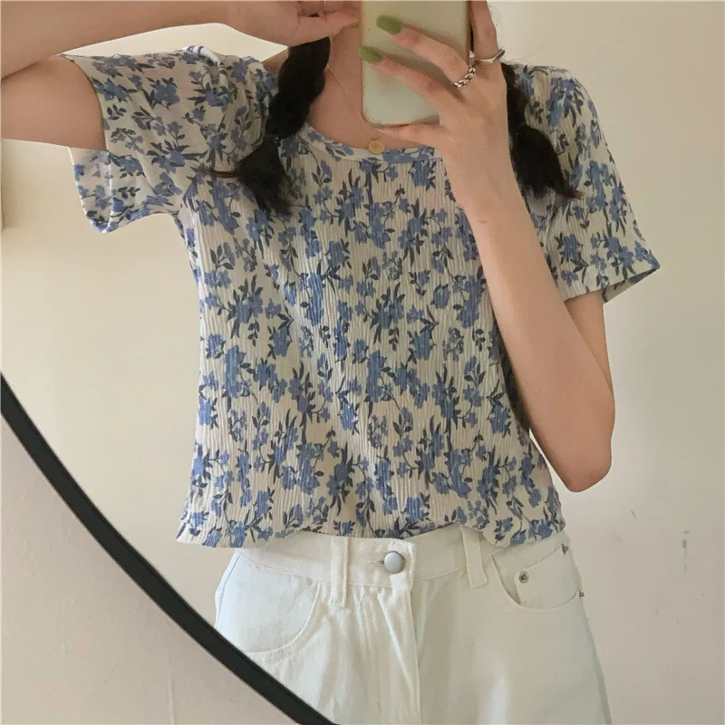 

Womens T Shirt Summer New Floral Print Basic Stretch Short Tops Female O Neck Loose Slim Thin Short Sleeve Casual Tees T-Shirts