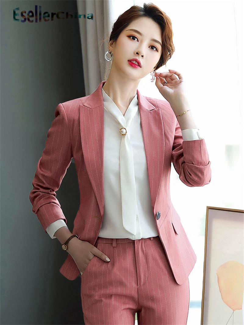 Элегантный Полосатый OL стиль женские деловые костюмы со штанами и куртками