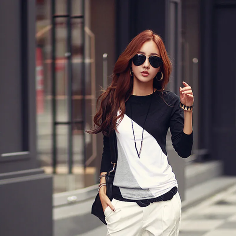

Spring New Fashion Womens Shirt Tops Blouses Casual Long Sleeve O Neck Patchwork Ladies Blouse Shirts Clothes Plus Size