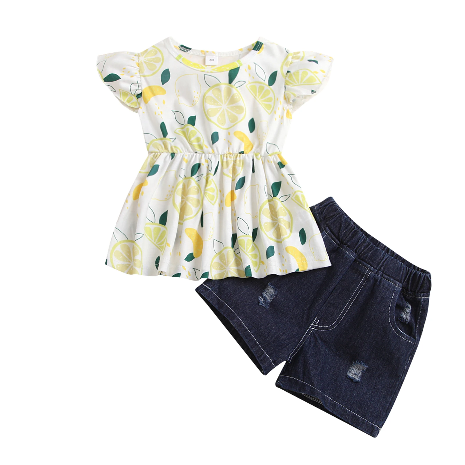 

2Pcs Fashion Little Girls Outfit Summer 2021 Children Casual Lemon Printing Fly Sleeve Round Collar Top + Solid Color Shorts Set
