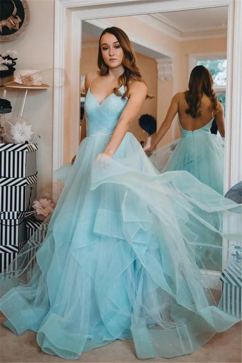 

Spaghetti Strips A-Line Prom Party Dresses Ruffles Pleated Sexy Backless Custom Online Formal Special Occasion Party Gowns