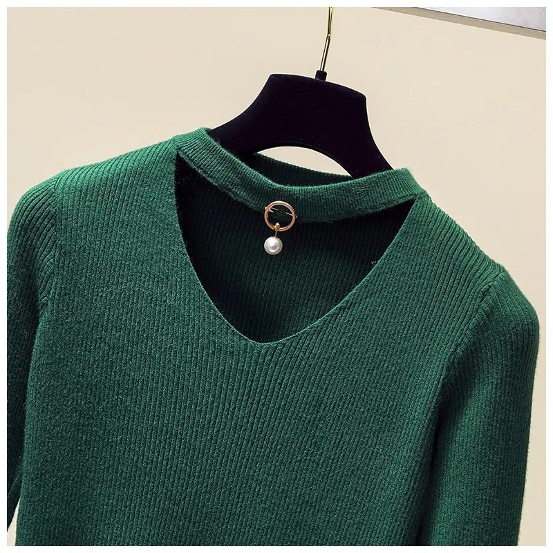 Autumn and winter plus fat large size women's V-neck pendant fashion sweater ladies slim long-sleeved bottoming shirt t Женская