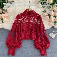sexy lace hollow out short blouse casual lantern long sleeve stand collar shirts female elegant redpinkwhite loose tops 2021