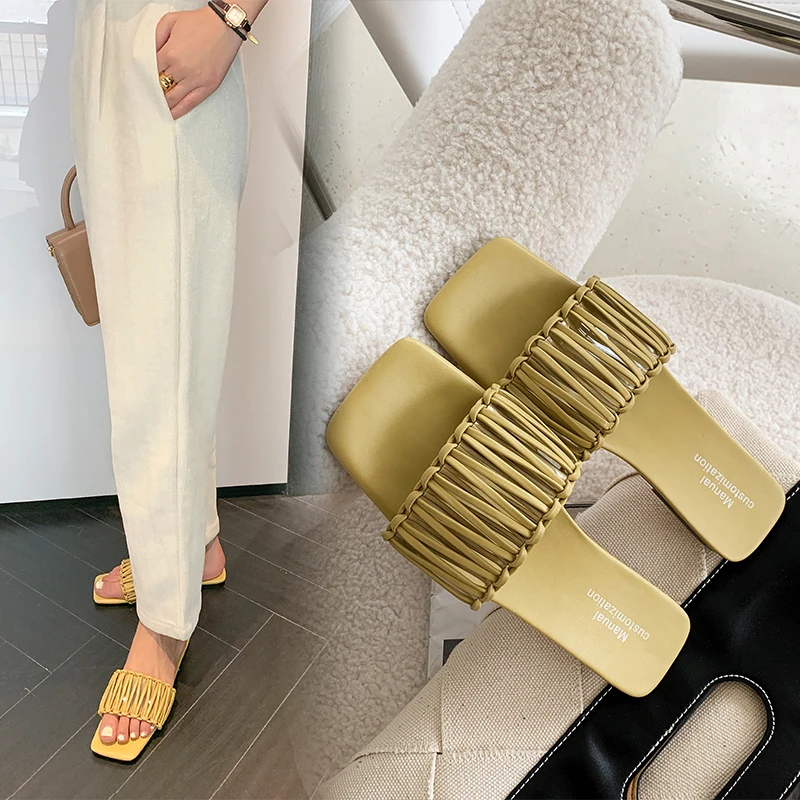 

Kmeioo women Vintage Square head Peep Toe weave flat Slippers Summer Fashion casual Slip On causal comfort sandals large size