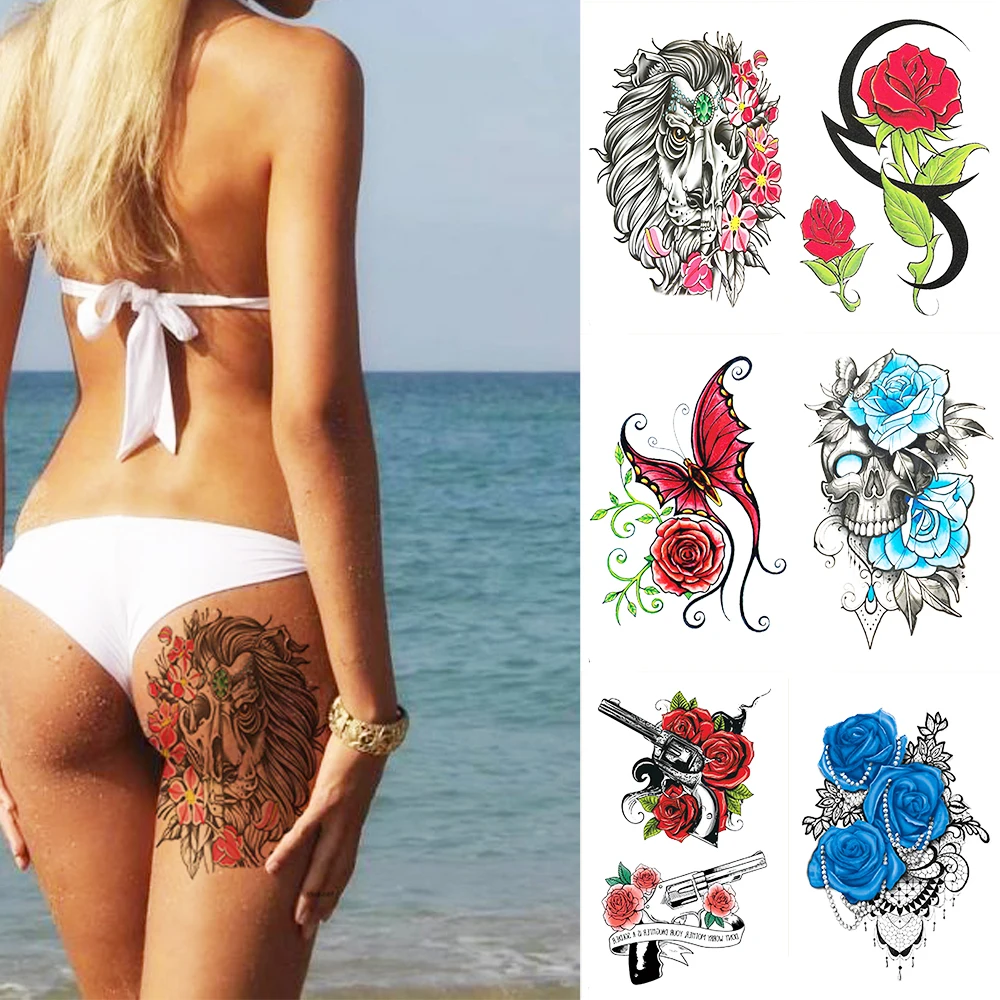 Водостойкая Временная тату наклейка цветок скелет хна флэш Русалка Бабочка боди