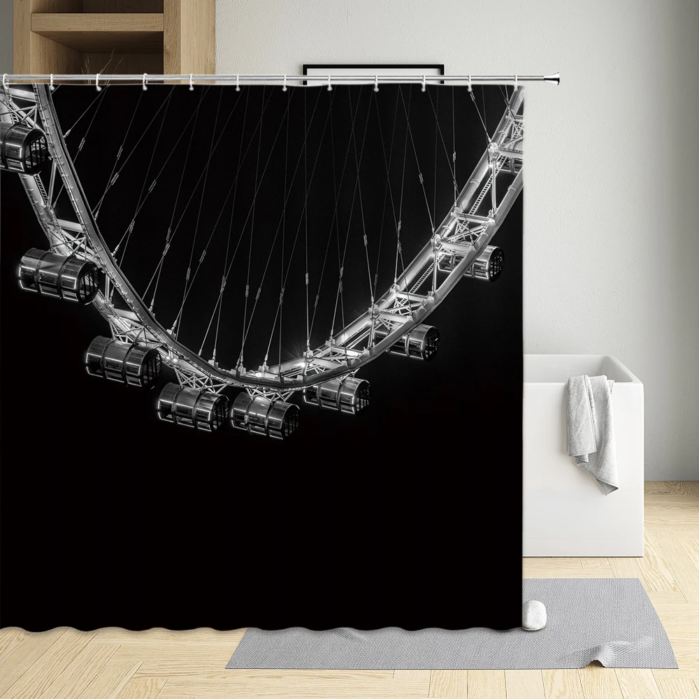 

Night Scenery Ferris Wheel Shower Curtain Modern Eco-Friendly Waterproof Cloth Bathtub Decor Bath Screen With Hooks