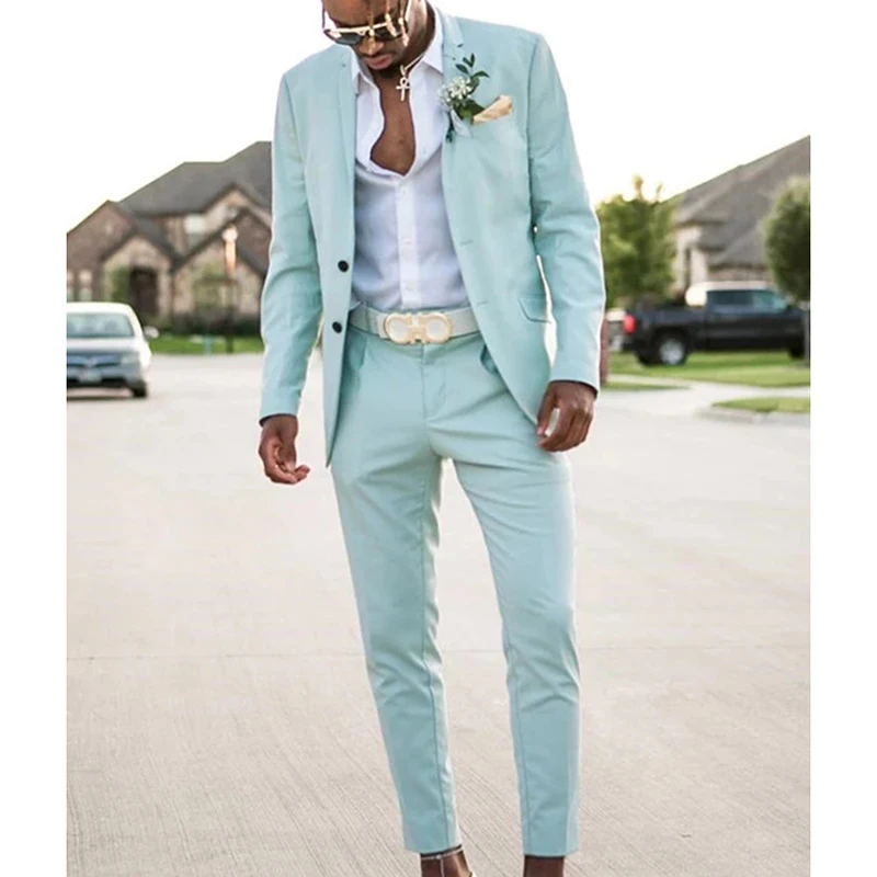

2022 Casual Men Suit 2 Pieces Light Green Beach Wedding Suits For Men Custom Made Blazer Dress Groom Tuxedo Jacket Pants Set