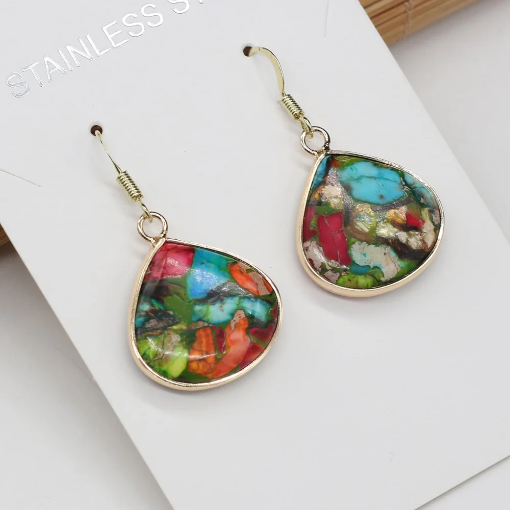 

Colorful Natural Emperor Stone Imperial Jasper Earrings for Women Girls Drop Shape Eardrop Jewelry Accessories Gifts 20x25 mm