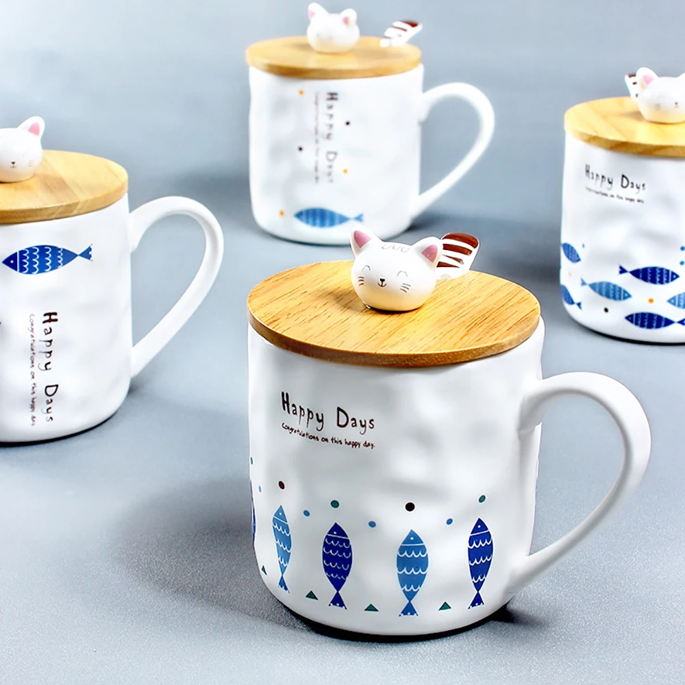 Japanese Style Coffee Mugs Creative Cartoon Cat and Fish Ceramic Cup With Spoon Lid Breakfast Water Milk Christmas Gift | Дом и сад