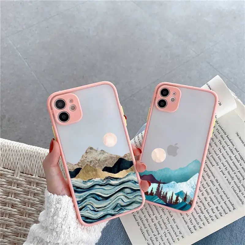 

Mountain Marble Moon Phone Case For iPhone 12 11 Mini Pro XR XS Max 7 8 Plus X Matte transparent Pink Back Cover