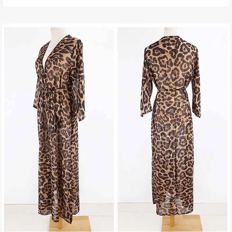 

Fashion Leopard Point Beach Cover Up Loose Half Sleeve Chiffon Bikini Sun Protection Outerwear Sexy Swimwear Long Kaftan Dress