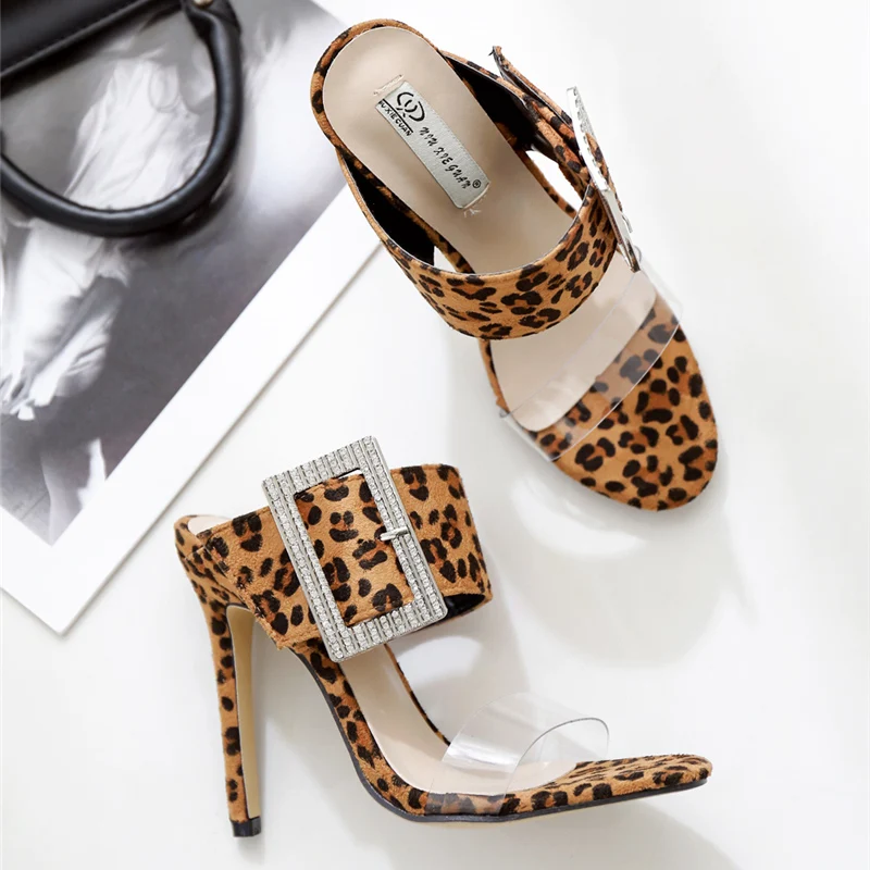 Женские босоножки в римском стиле туфли без задника с леопардовым принтом