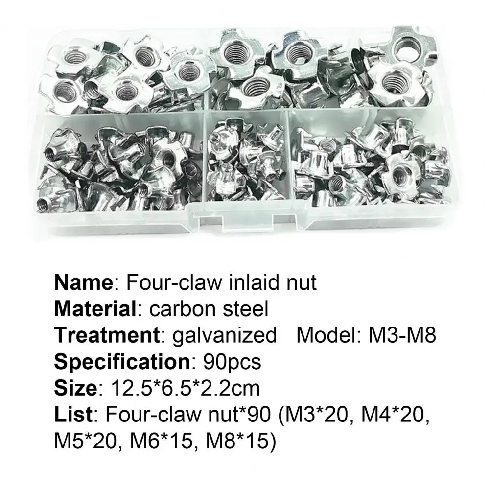 

90Pcs M3-M8 4-Claw Nuts Small No Burrs Carbon Steel Assorted Four-claw Nut Fasteners Kit for Construction Hardware