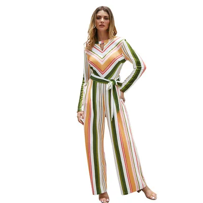 

The New Autumn And Winter Women's New Products Striped Lace-up Long-sleeved Jumpsuit O-neck Casual One-piece Suit Ladies Clothes