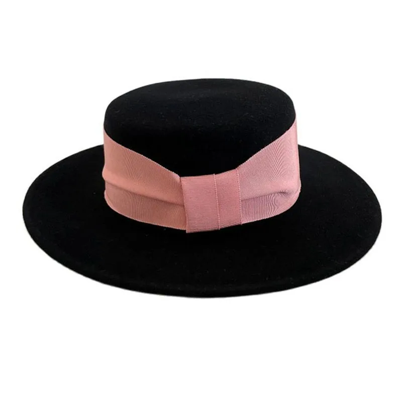Black Woolen Felt Women Flat Top Hats Wide Pink/Black/White Webbing Fashion Jazz Men Hats Felt Fedoras Travel Korean Caps Party