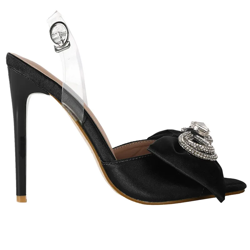 

Women Sandals 2021 Summer Ladies Sexy High Transparent Heels Pumps Rhinestone Bow Pointed Toe Sandals Wedding Brides Shoes