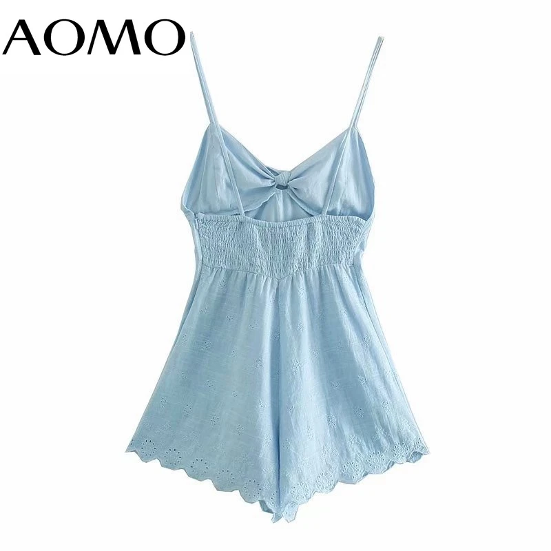 

AOMO Women Vintage Blue Emboridery Rompers Strap Adjust Pocket Overalls Ladies Casual Chic Playsuits 3H740A