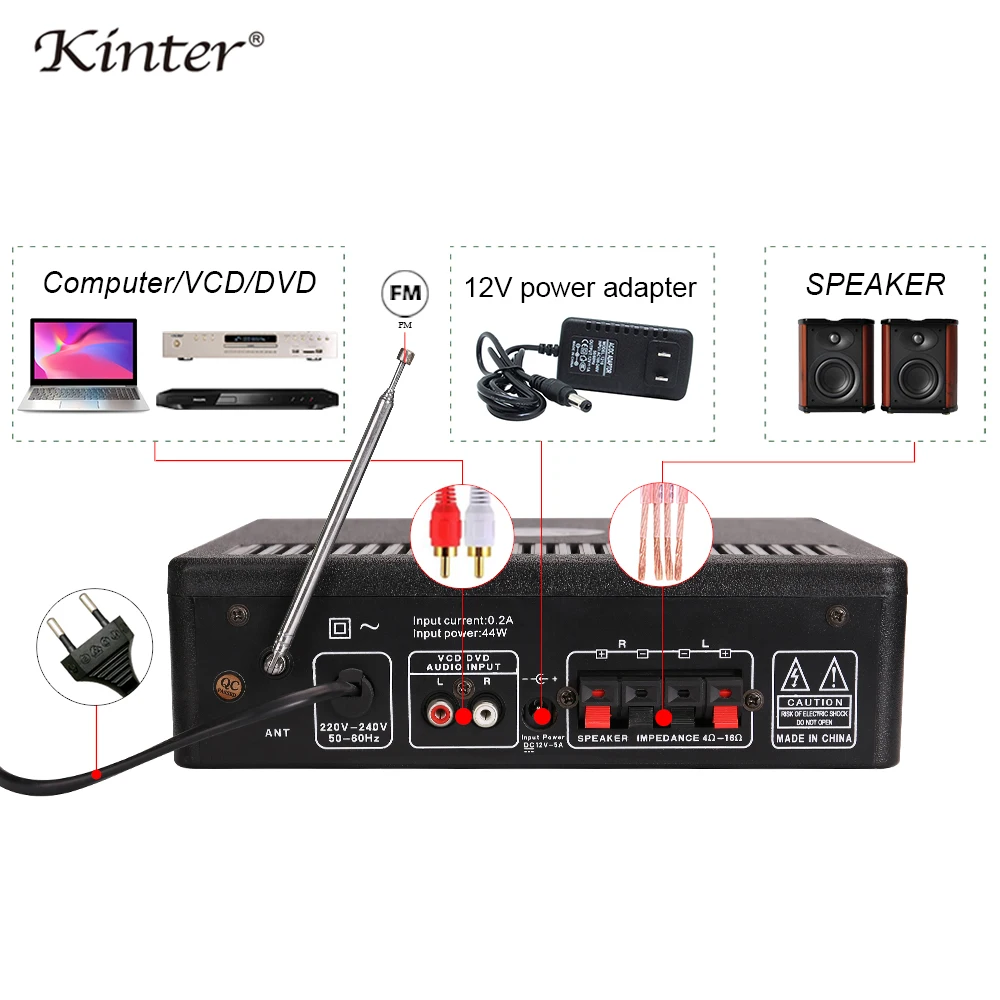 Kinter-011 hifi стерео караоке усилитель аудио с микрофоном usb sd вход 2.0CH 30 Вт FM радио Питание DC 12 В AC дома