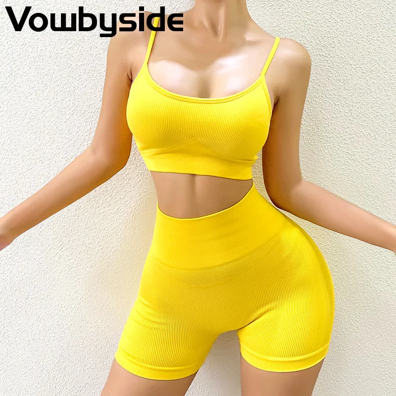 

2021 Summer New Women's Suit Quick Drying Solid Color Sleeveless Sling with Chest Pad Shorts Short Fitness Clothes Yoga Clothes