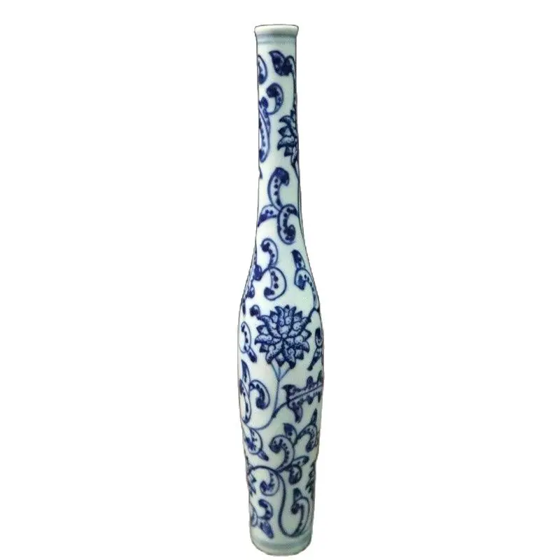

Chinese Old Porcelain Blue And White Tangled Lotus Long Neck Small Vase
