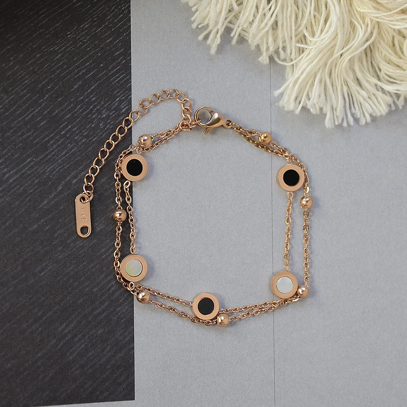 

TOSOKO Stainless Steel Jewelry Black And White Shell Round Brand Bracelet Women's Fashion Gold Bead Double Chain Bracelet BSE144