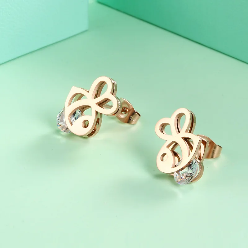 Женские серьги гвоздики из нержавеющей стали с рыбками золотые розового золота