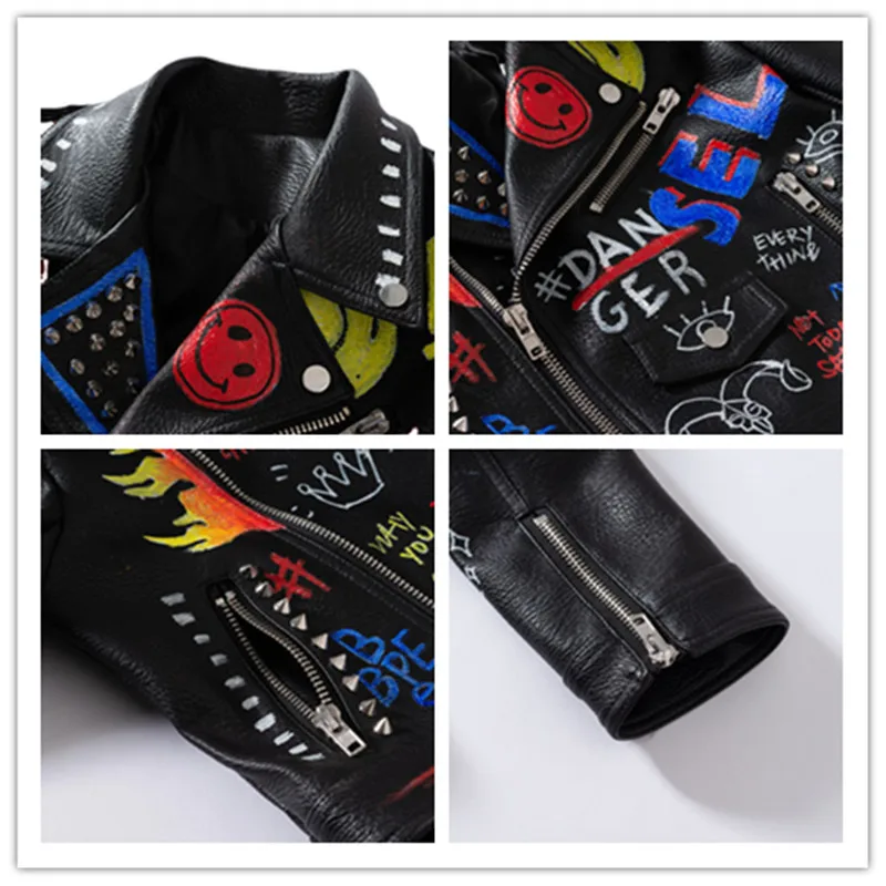 

Graffiti Faux Leather Motocycle Jacket Fire Printing Smile Punk Streetstyle Coat Revit Stud Women Outwear Y618