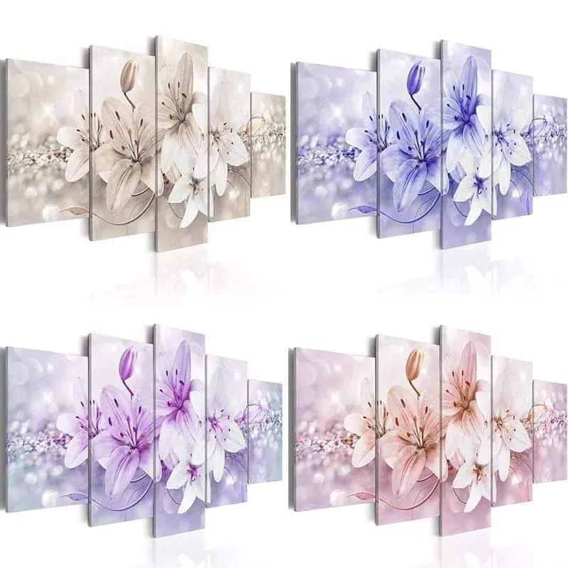 

5 панельных лилий, цветы, холст, Настенная картина, холст, живопись для спальни, Абстрактный Цветочный постер и печать без рамки