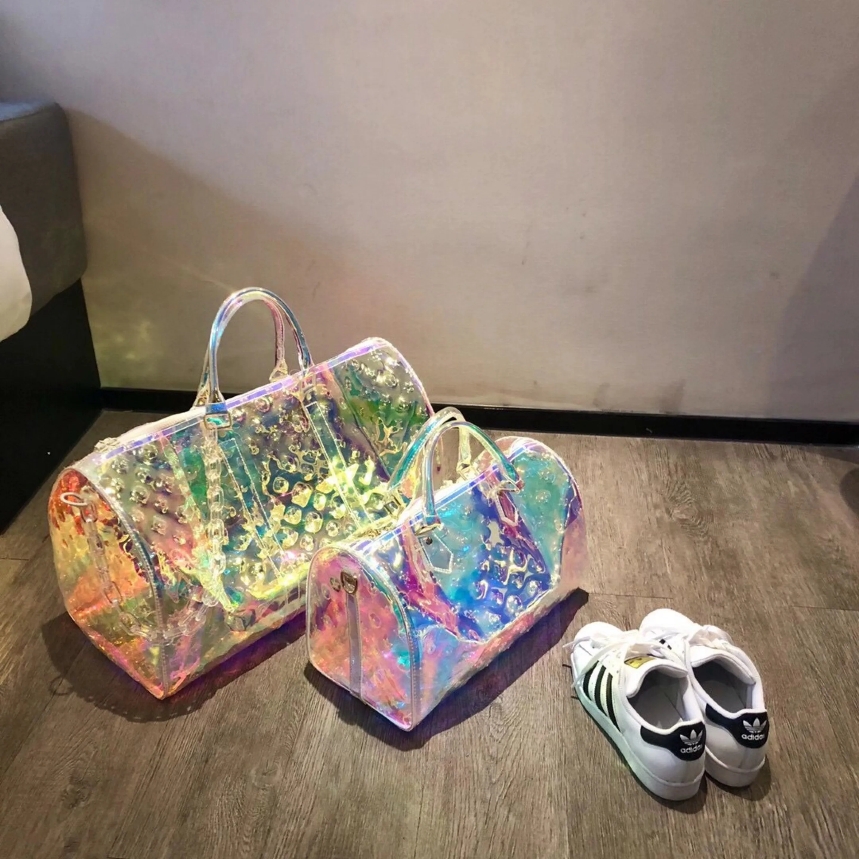 

Classic Print Rainbow Laser Gril Sport Bag Shine Women Travel Handbag PVC Holographic Luggage Transparent Lady Tote Suitcases 21