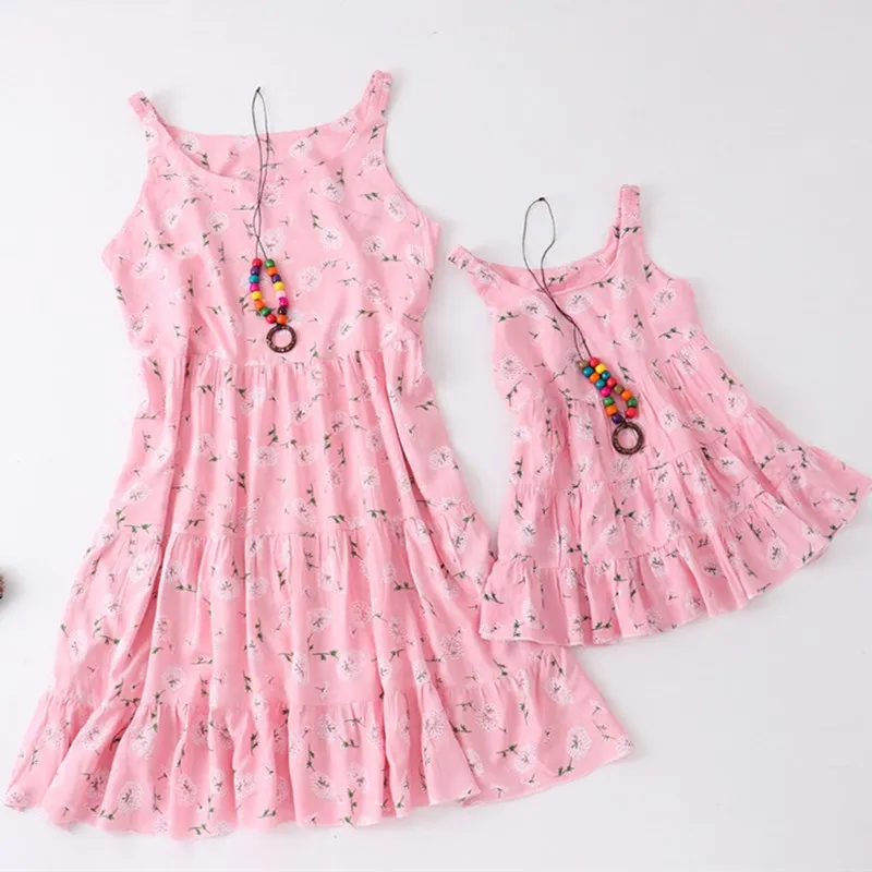 

LILIGIRL Family Look Outfit Mother And Daughter Clothes Summer Cake Dress Beach Cotton With Necklace Princess Vest Dress