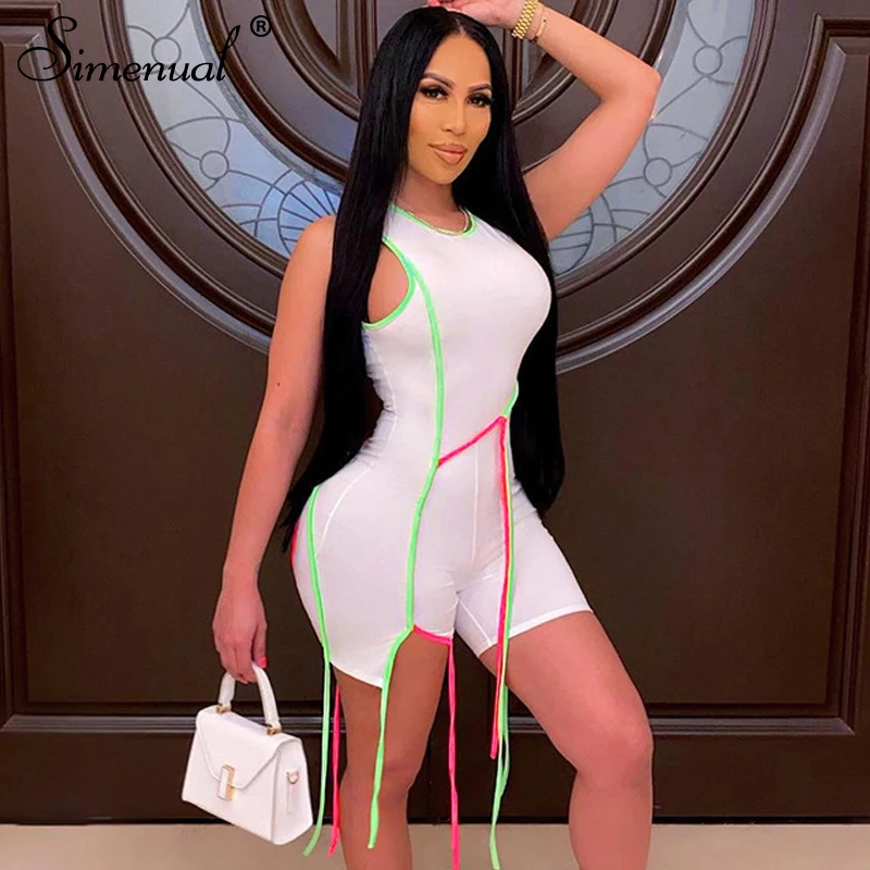 

Simenual Sportswear Biker Shorts Rompers For Women Sleeveless Summer 2021 Casual Active Wear Playsuits Striped Color Blocking