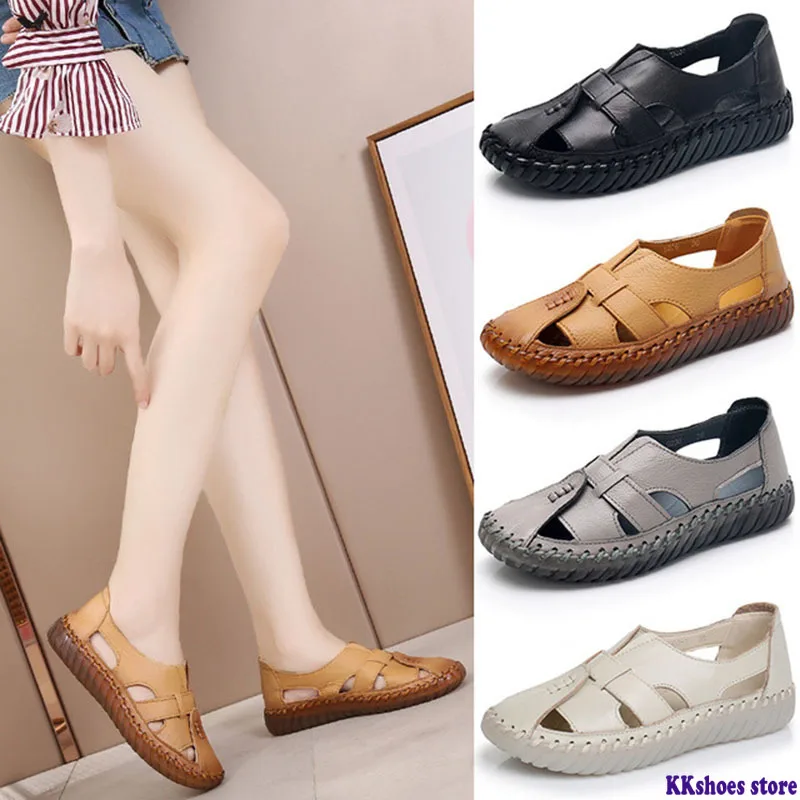 

Women's Sandals 2020 Summer Genuine Leather Handmade Ladies Shoe Leather Sandals For Women Flats Retro Style Mother Shoes