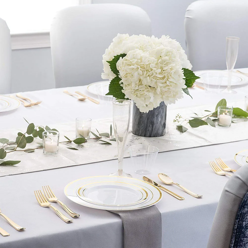 

12PCs/Set Disposable Tableware Birthday Party Wedding Restaurant Supplies Plastic Plate Gold Plated Cup Knife and Fork Spoon