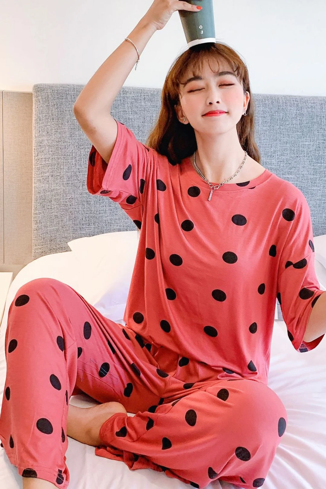 

Pajamas for Women pyjama Femme sleepwear 2020 New Summer plus Size Print Thin Short-Sleeved Pants Suit Polka Dot 2 pieces set