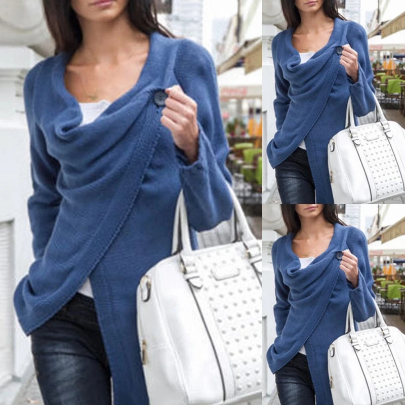 

Women Button Cowl Neck Sweater Solid Color Long Sleeve Wrap Split Cardigan Top D08E