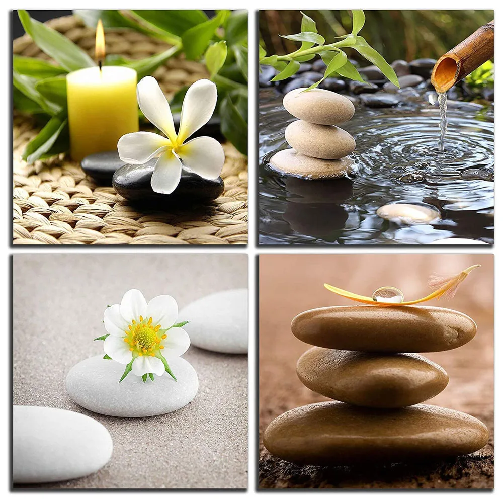 

4Pieces Zen Stone Spa Green Bamboo Jasmine Flower Posters Canvas Wall Art Picture Home Decor Painting for Living Room Decoration