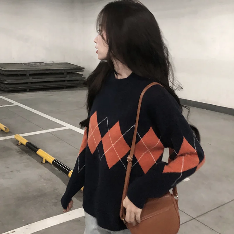 Свободный вязаный женский свитер черные пуловеры оверсайз с круглым вырезом на