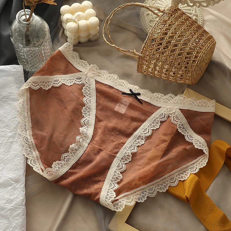 

Women's Underwear Panties Sexy Lace Cotton Mid Waist Underpants Panty Bow Solid Color Female Briefs Fashion Girls Lingerie M-XL