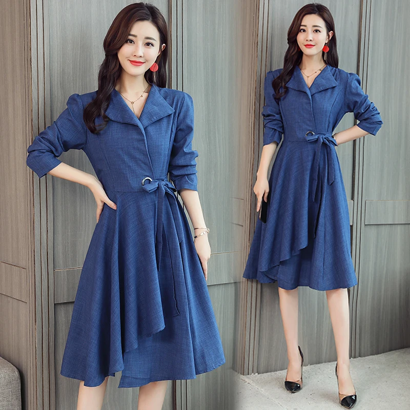 

Office Ladies Cotton Linen Slim Fit Dress Female AsymmetricalLong Sleeve Shirt Dress Lace Up Elegant Autumn Women Casual Dress