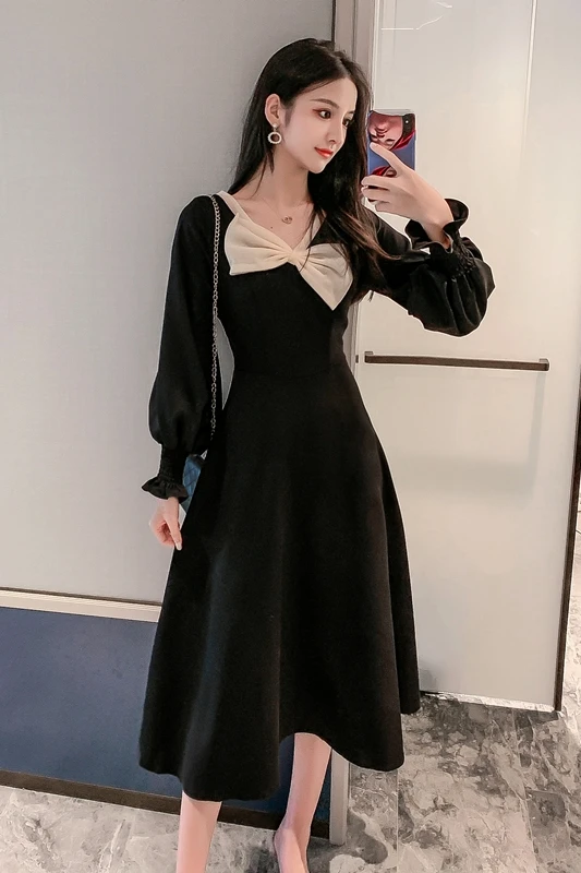 Французское платье в стиле ретро Новинка осени зимы 2019 приталенное черное с