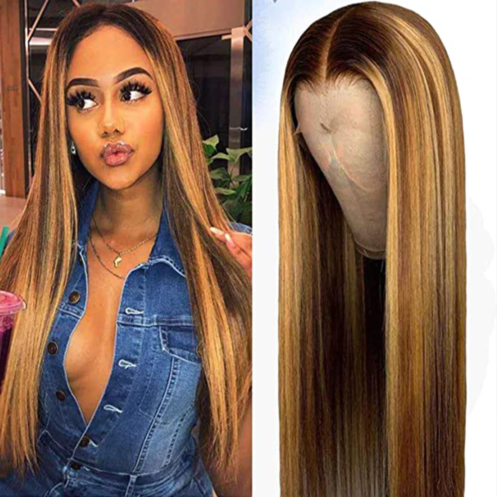 

FGY Long High Gloss Lace Front Wig Straight Hair Honey Blonde Brazil Gradient Gold Lace Synthetic Ladies Wig 26 Inches