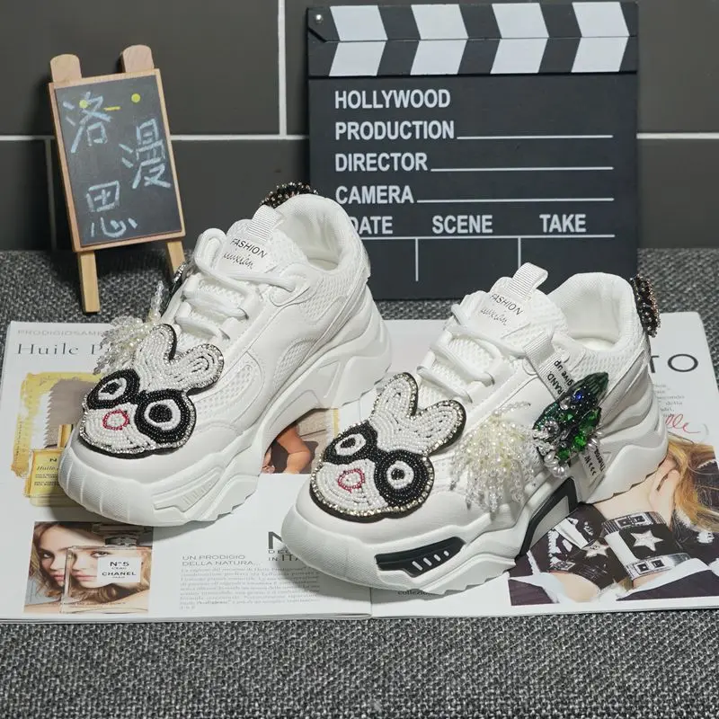

White old shoes female 2021 new trendy brand heavy industry shiny rhinestone thick-soled sports casual shoes