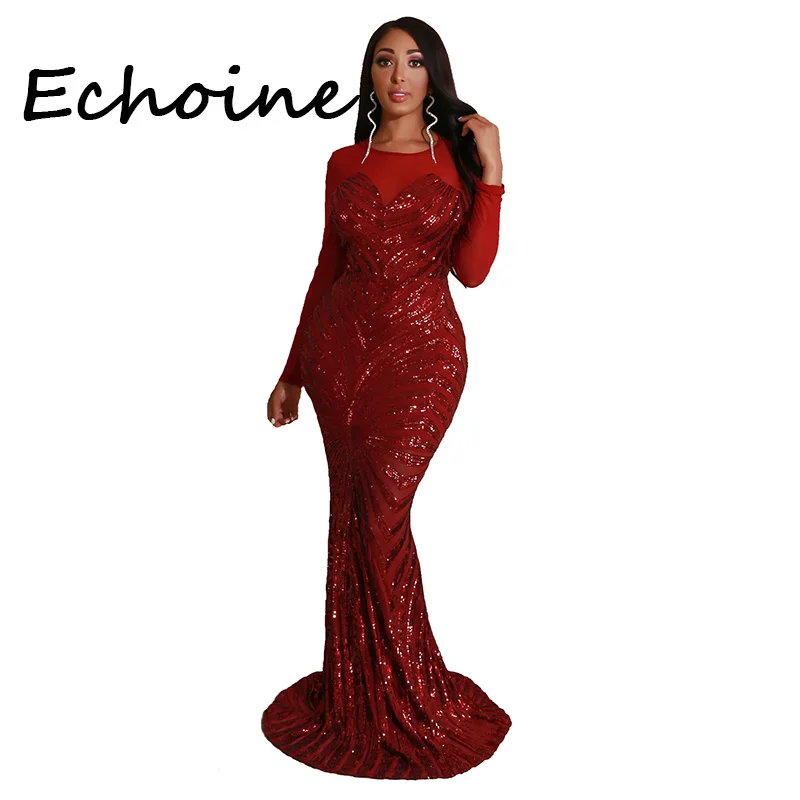 Элегантное Длинное платье с блестками длинным рукавом круглым вырезом вечерние